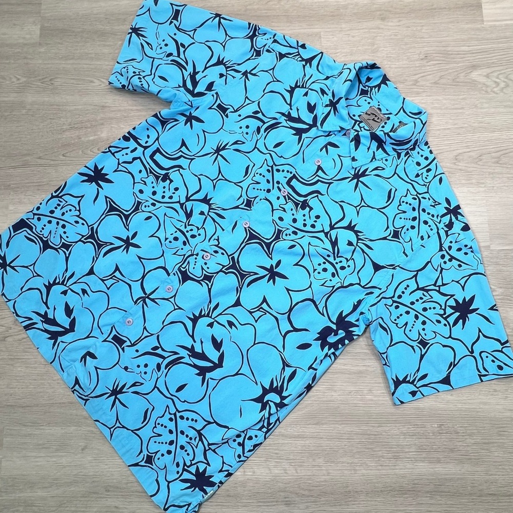Piping Hot Floral Button Up Mens‎ Short Sleeve Shirt Large Casual Blue
